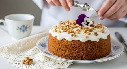 Plating a frosted carrot cake with edible flowers
