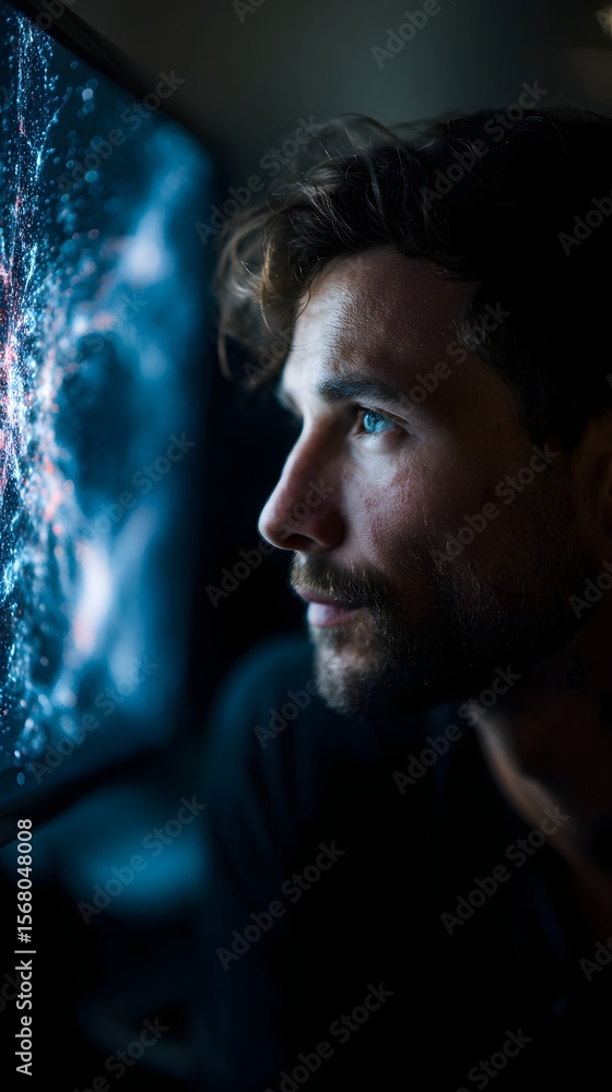 Poster man intently analyzing neural network flow on a computer screen