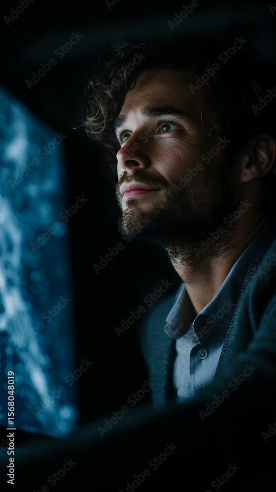 Poster Man intently analyzing data on a computer screen