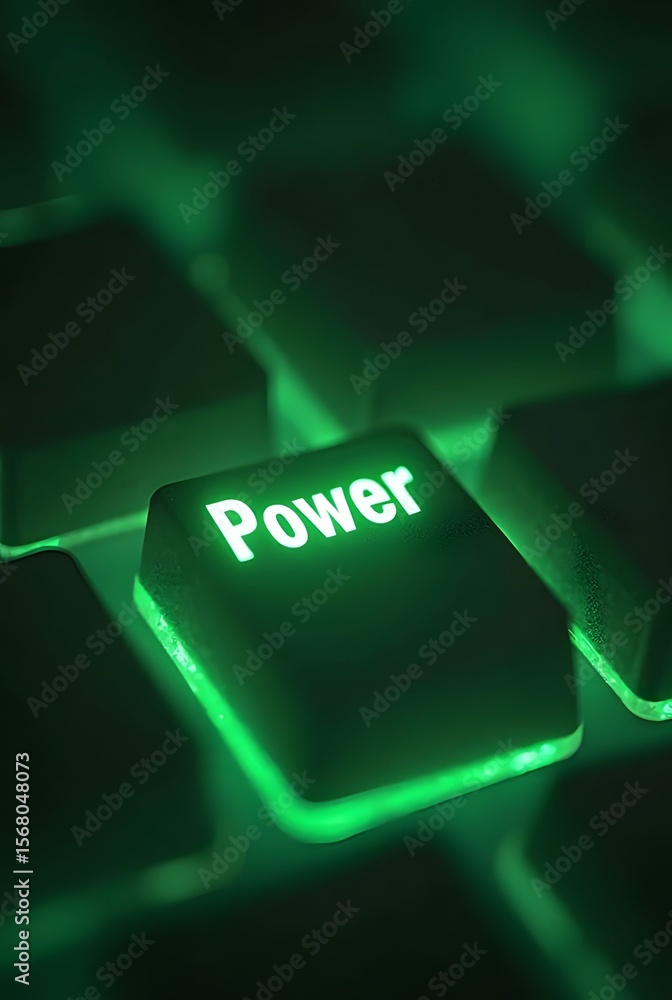 Aufkleber close-up of a glowing green power button on a keyboard, vertical composition. the vibrant color and 