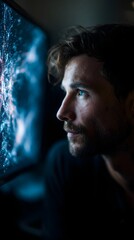Man intently analyzing neural network flow on a computer screen