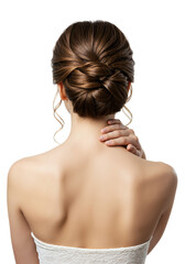 Fototapeta premium Woman with elegant updo hairstyle from the back. Beautiful bride with brown hair on her wedding day. Hair styling for a formal event.