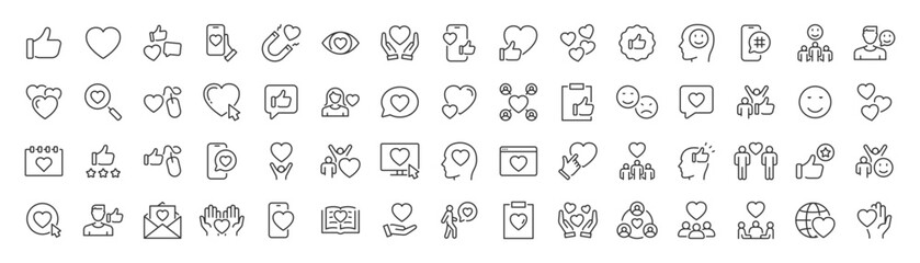 Like and Thumbs up icons in line style. Liked, social media, appreciation, networking, friends, comment, share, user, profile, support. Collection. Vector illustration.