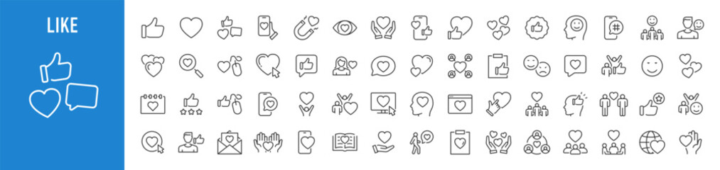 Like and Thumbs up icons in line style. Liked, social media, appreciation, networking, friends, comment, share, user, profile, support. Collection. Vector illustration.