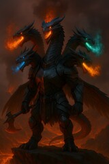 Fototapeta premium Dragon Warrior with Multiple Heads and Fiery Breath