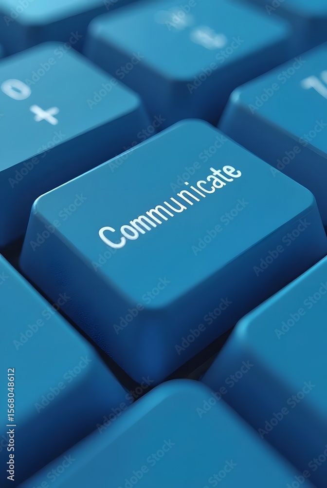 Poster a close-up shot of a keyboard with a single blue key that says communicate, vertical composition. th