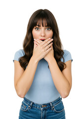 Shocked young woman covering her mouth with her hands in disbelief. Surprised caucasian brunette with wide eyes looking at the camera. Speechless person with a secret.