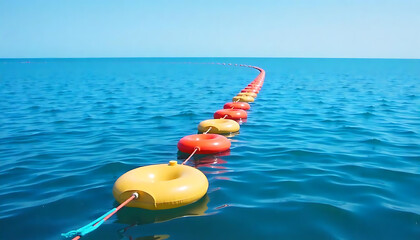 A long line of orange and yellow buoys floating on the surface of a calm blue ocean under a clear sky