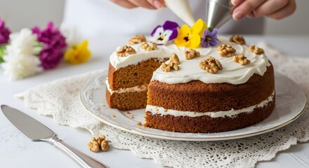Sliced carrot cake with icing and edible flowers