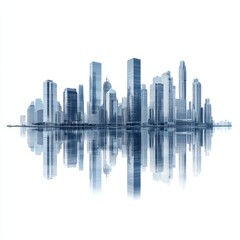 Obraz premium A detailed digital illustration of a modern city skyline with high-rise buildings reflected on a calm water surface.