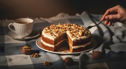 Carrot cake with crunchy topping and dark setting