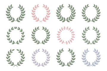 Soft green laurel wreath icon set, pastel victory symbol, award and achievement vector, decorative illustration, elegant design