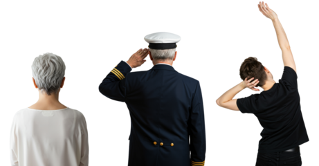 Rear view of a senior woman, a saluting ship captain, and a young man with arms raised, showing a generational contrast.