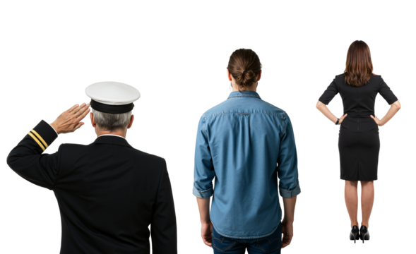 Rear view of a diverse group of people: a saluting naval officer, a young man in a casual shirt, and a businesswoman. Isolated on a transparent background.
