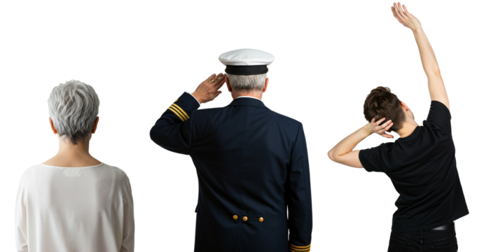 Rear view of a senior woman, a saluting ship captain, and a young man with arms raised, showing a generational contrast.