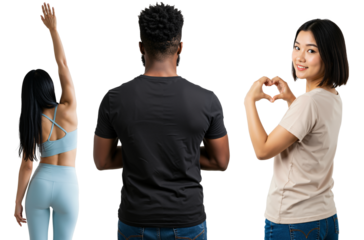 A diverse group of three people posing from behind and the side. An Asian woman in activewear, a Black man, and an Asian woman making a heart gesture, isolated on a transparent background.