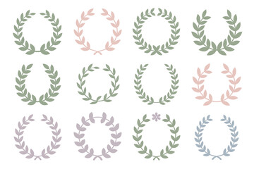 Muted color laurel wreath icon set, pastel victory symbol, award and achievement vector, decorative illustration, elegant style