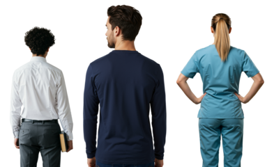 Rear view of a student, a man, and a female nurse standing together. Diverse professions and career choices concept.