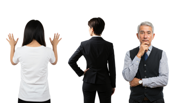 Collection of diverse Asian people portraits. Young woman from back, businesswoman, and senior man thinking, isolated on transparent background.