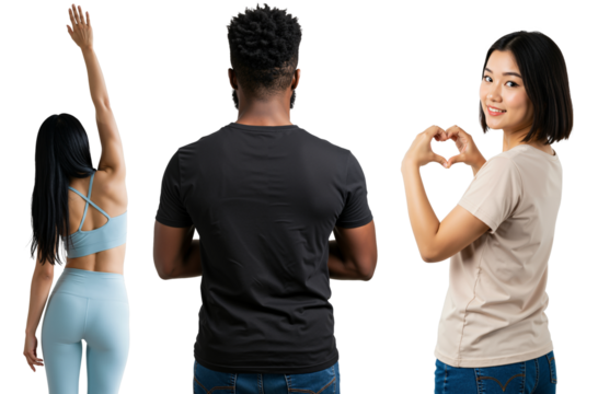 A diverse group of three people posing from behind and the side. An Asian woman in activewear, a Black man, and an Asian woman making a heart gesture, isolated on a transparent background.