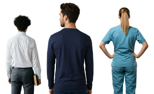 Rear view of a student, a man, and a female nurse standing together. Diverse professions and career choices concept.