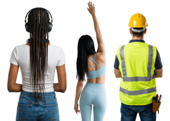 A diverse group of people from behind. A young woman with braids and headphones, an athletic woman in sportswear, and a male construction worker in a hard hat.