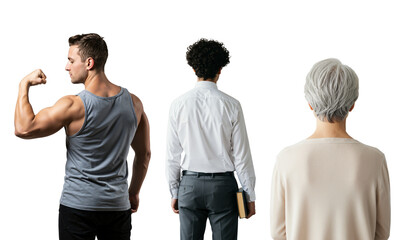 Concept of human diversity and life choices. A muscular man flexing, an intellectual with a book, and an elderly person from behind.