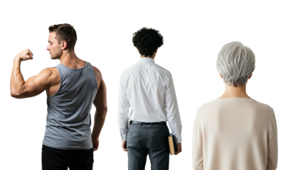 Concept of human diversity and life choices. A muscular man flexing, an intellectual with a book, and an elderly person from behind.