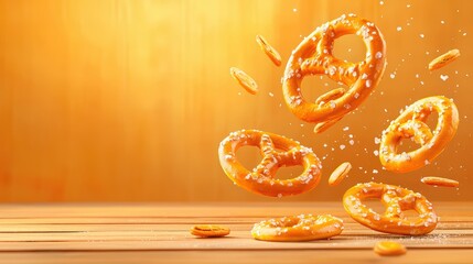 Freshly Baked Pretzels in Mid-Air With Fluffy Texture and Salt Over a Warm Wooden Background