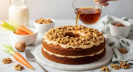 Carrot cake topped with walnuts and tea being poured