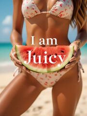 Concetto di Estate tentazioni estive: bella ragazza felice al mare che regge una fetta di anguria con la scritta "I am Juicy"