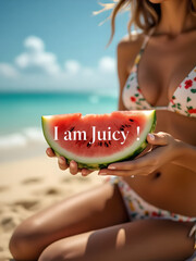Concetto di Estate tentazioni estive: bella ragazza felice al mare che regge una fetta di anguria con la scritta "I am Juicy"