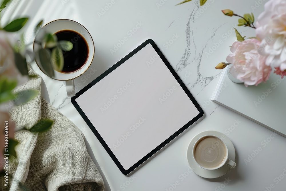 Poster vibrant color image of minimal white workspace with digital tablet mockup and decor top view