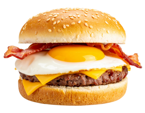 Close-up of a breakfast sandwich with toasted bun, crispy bacon, sunny side up egg, melted cheese, and savory sausage patty, isolated on transparent background PNG