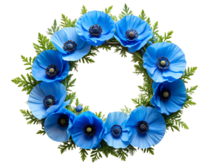 Blue Poppy Flower Wreath Floral Arrangement Isolated on Transparent Background PNG