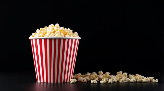 Fresh popcorn in red striped container perfect for movie night snack delicious treat on dark background - Powered by Adobe