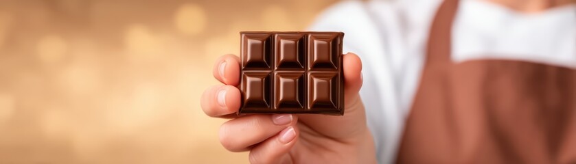 Obraz premium Close-up of a person's hand holding a delicious chocolate bar with a soft blurred background creating a warm atmosphere