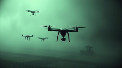 Drones Swarm Misty Field.