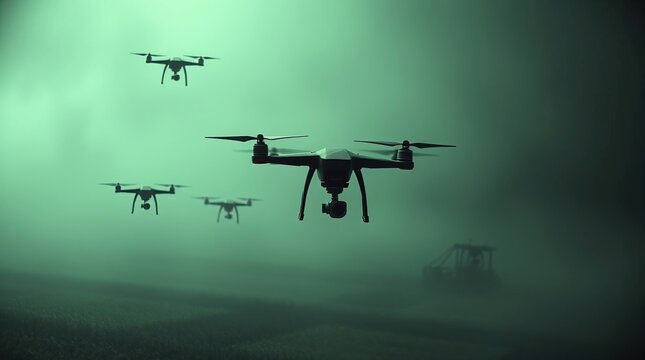 Drones Swarm Misty Field.