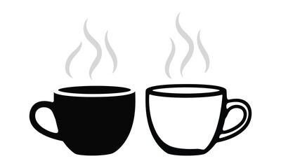 Two Steaming Coffee Mugs, Black and White, Facing Each Other on Transparent Background