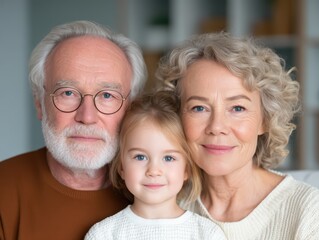Loving multi-generational family portrait with grandparents and granddaughter, showcasing warmth and connection at home