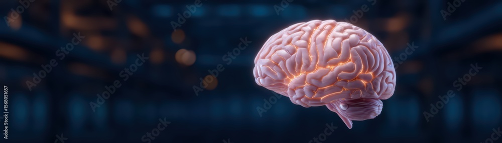 Poster realistic human brain in a dark, futuristic environment with glowing elements and soft lighting, sho