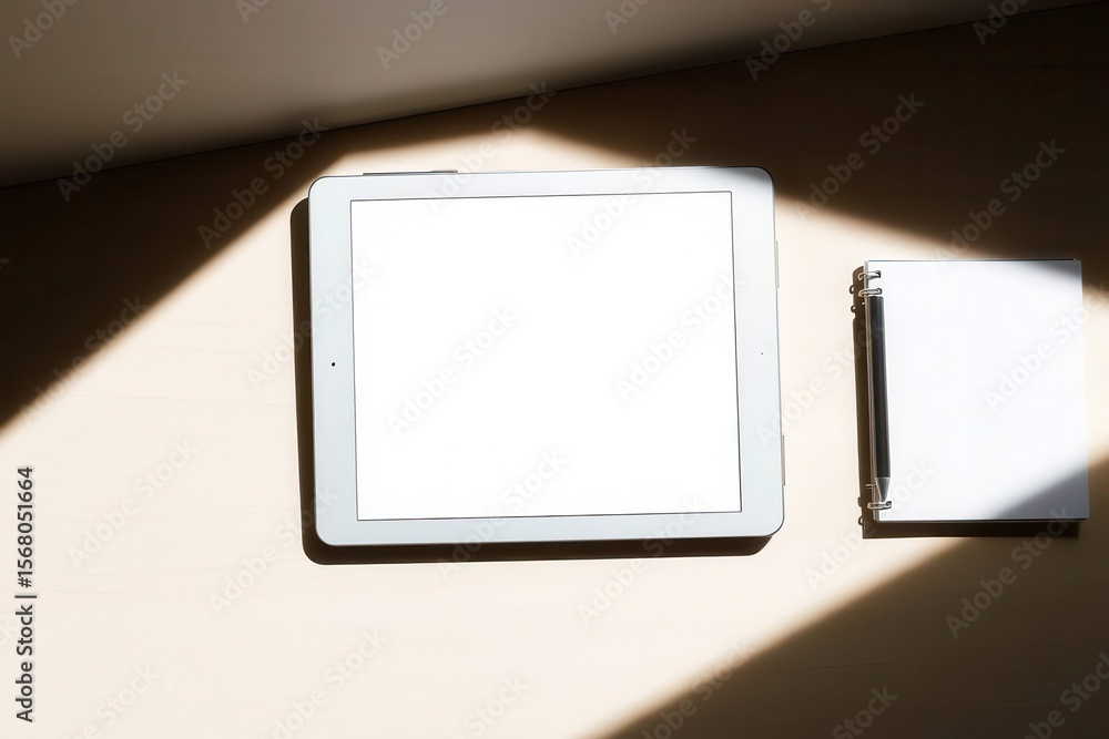 Poster digital tablet with blank screen next to a notebook on a desk in sunlight. technology meets paper.