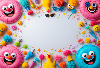 Playful arrangement of colorful toys and decorations on a white background creating a festive scene
