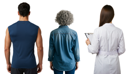 Rear view of a young man, a senior woman, and a female doctor with a clipboard. Healthcare, wellness, and medical consultation concept on a transparent background.