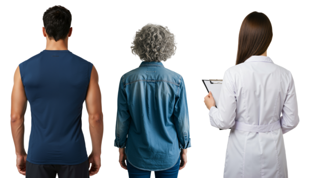 Rear view of a young man, a senior woman, and a female doctor with a clipboard. Healthcare, wellness, and medical consultation concept on a transparent background. - Powered by Adobe
