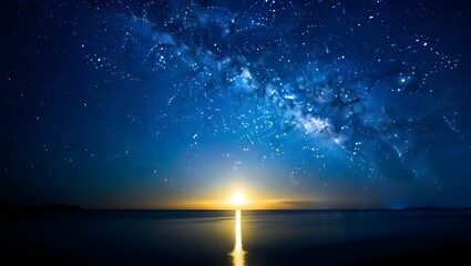 Night sky milky way stars ocean horizon moonlight reflection landscape scenic view blue