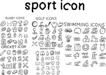 Collection of hand-drawn sport icons including rugby, cricket, golf, boxing, and swimming. Perfect for infographics, web, apps, and sport-themed designs.