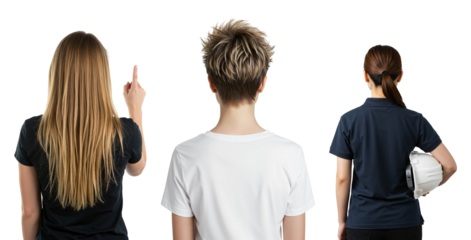 Rear view of three diverse people standing together. A blonde woman pointing, a person with short hair, and a female engineer holding a hard hat.