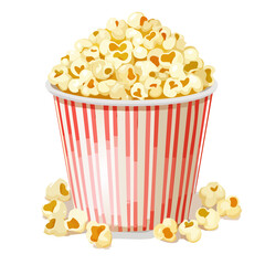 Cartoon illustration of popcorn in a classic striped bucket